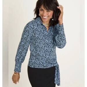 Chicos 4 XXL 20/22 Button Blue Black Animal Print Blouse Side Tie Long Sleeve